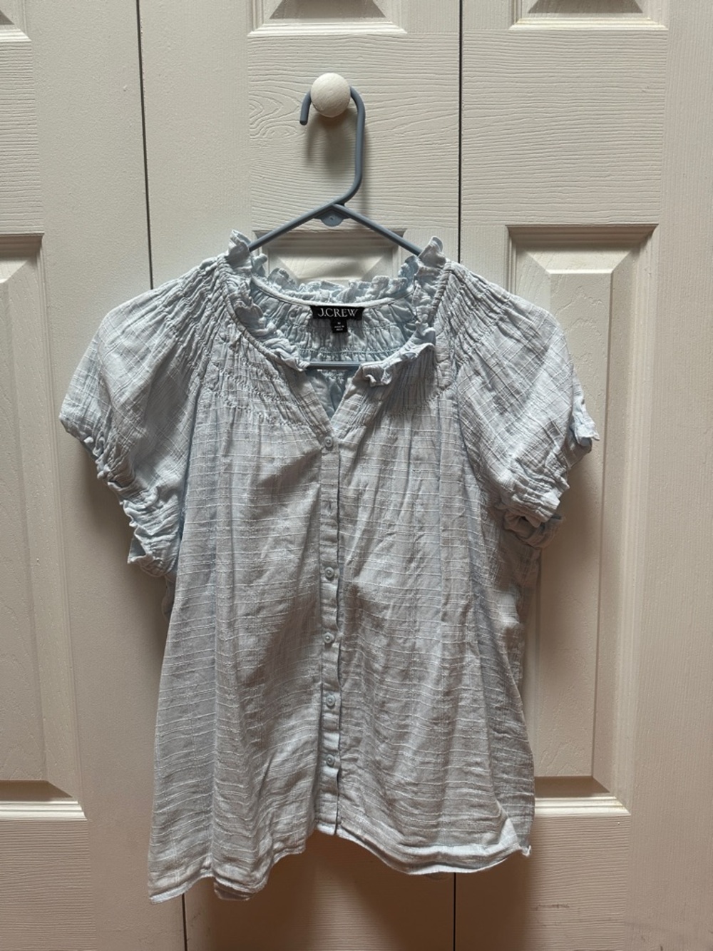 J. Crew Pale Blue Button-Front Ruffle Neck Blouse Size M